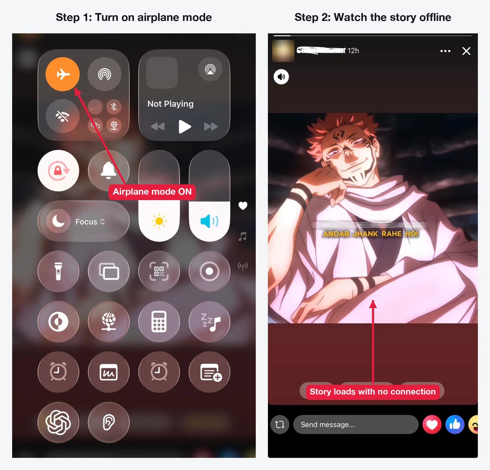 Airplane mode turned on in Control Center while a Facebook story plays offline