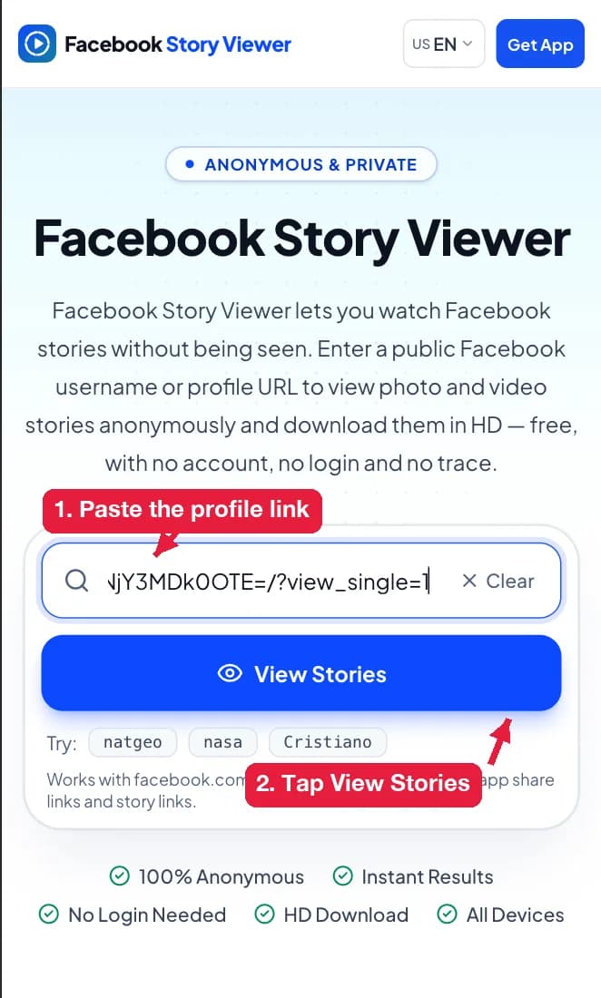 Pasting a Facebook profile link into Facebook Story Viewer to view stories anonymously