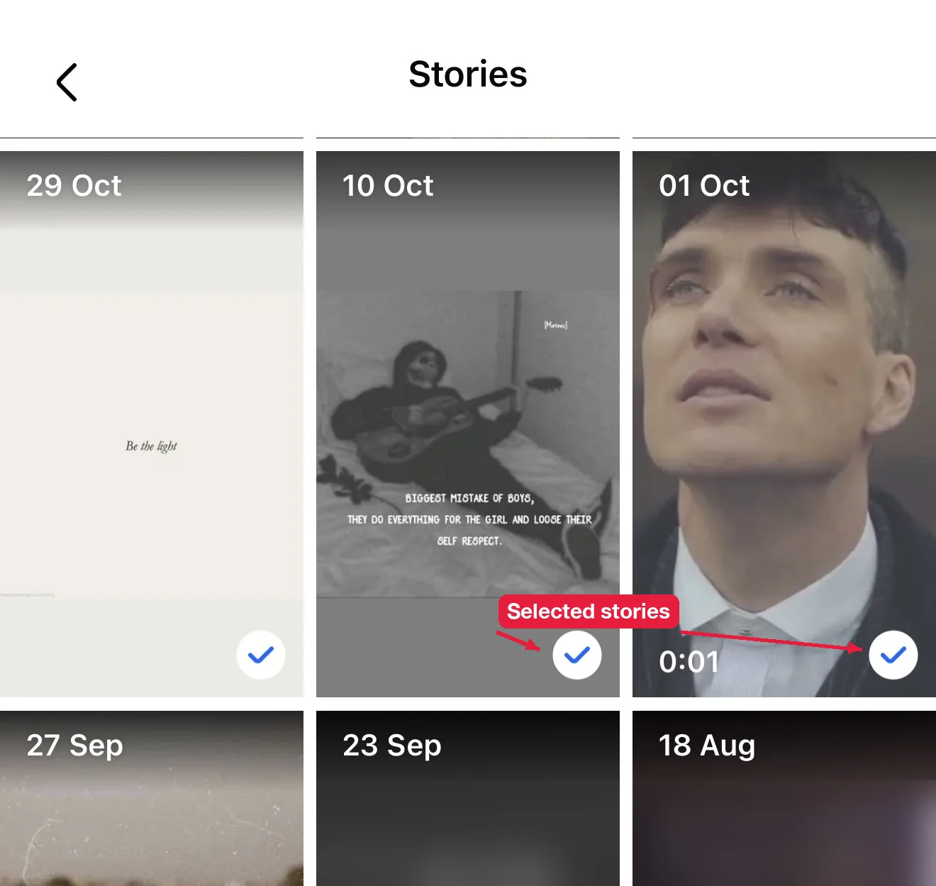 Selecting archived stories to add to a Facebook Story Highlight