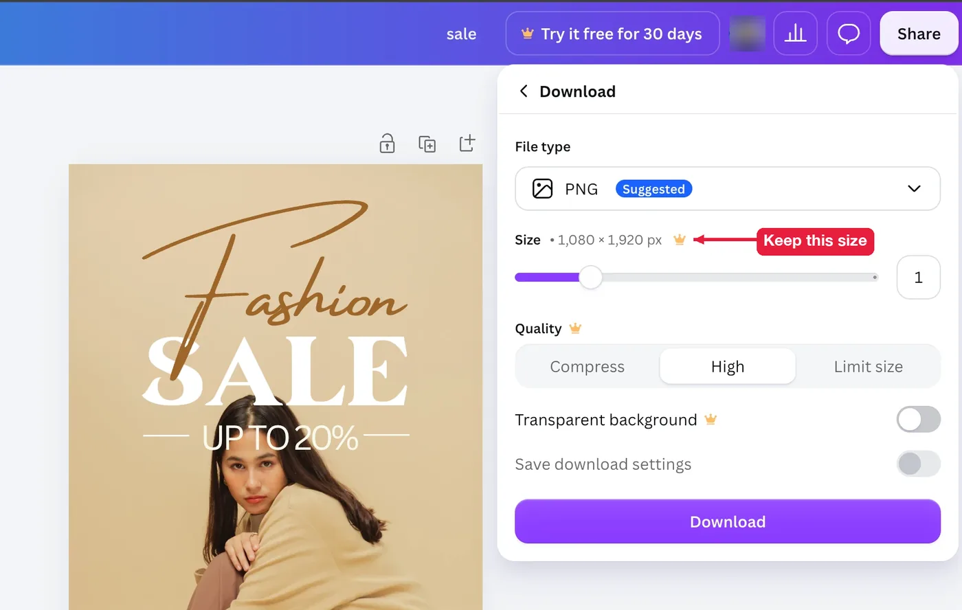 Canva download settings for a Facebook story as a PNG at 1,080 x 1,920 pixels