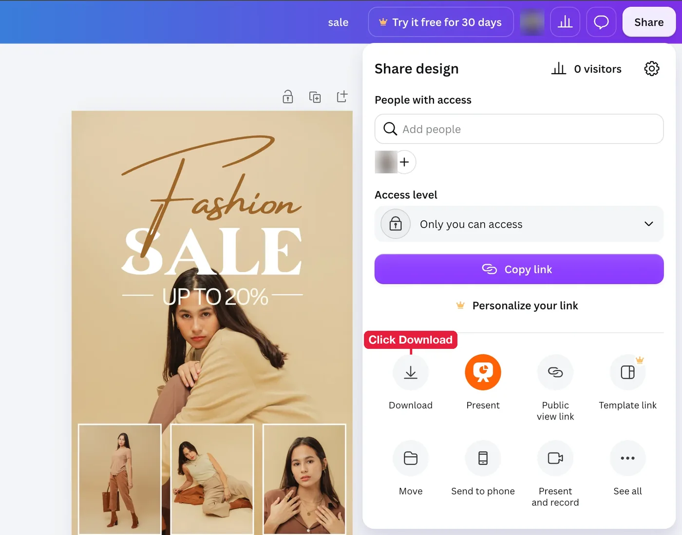 Canva Share menu with the Download option for a Facebook story design
