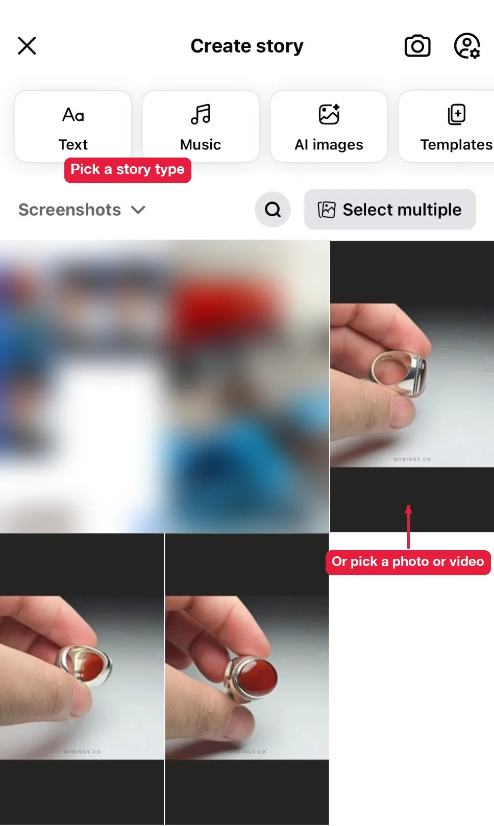 Create story screen in the Facebook app with Text, Music, AI images and Templates options above the camera roll