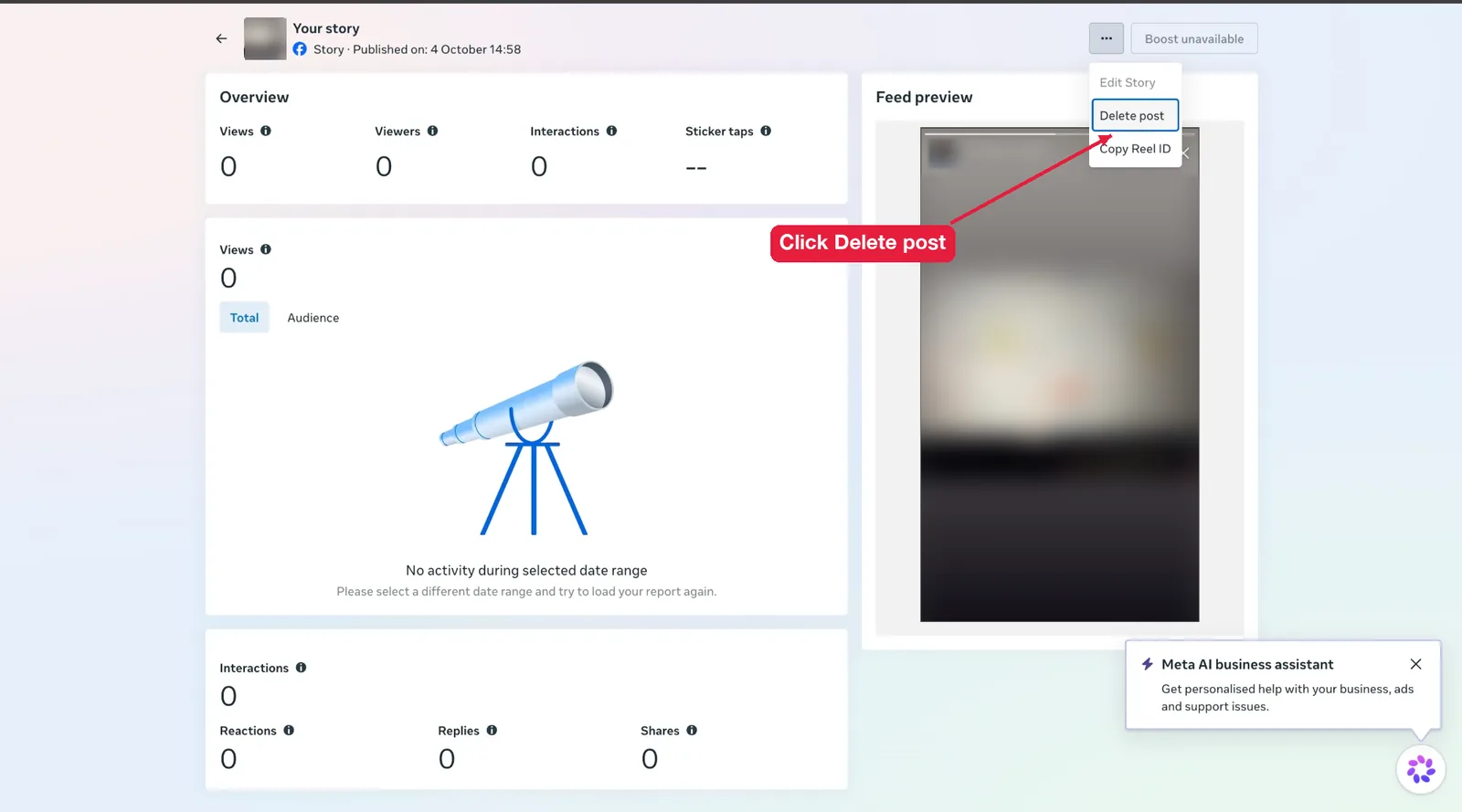 Delete post option for a Page story in Meta Business Suite