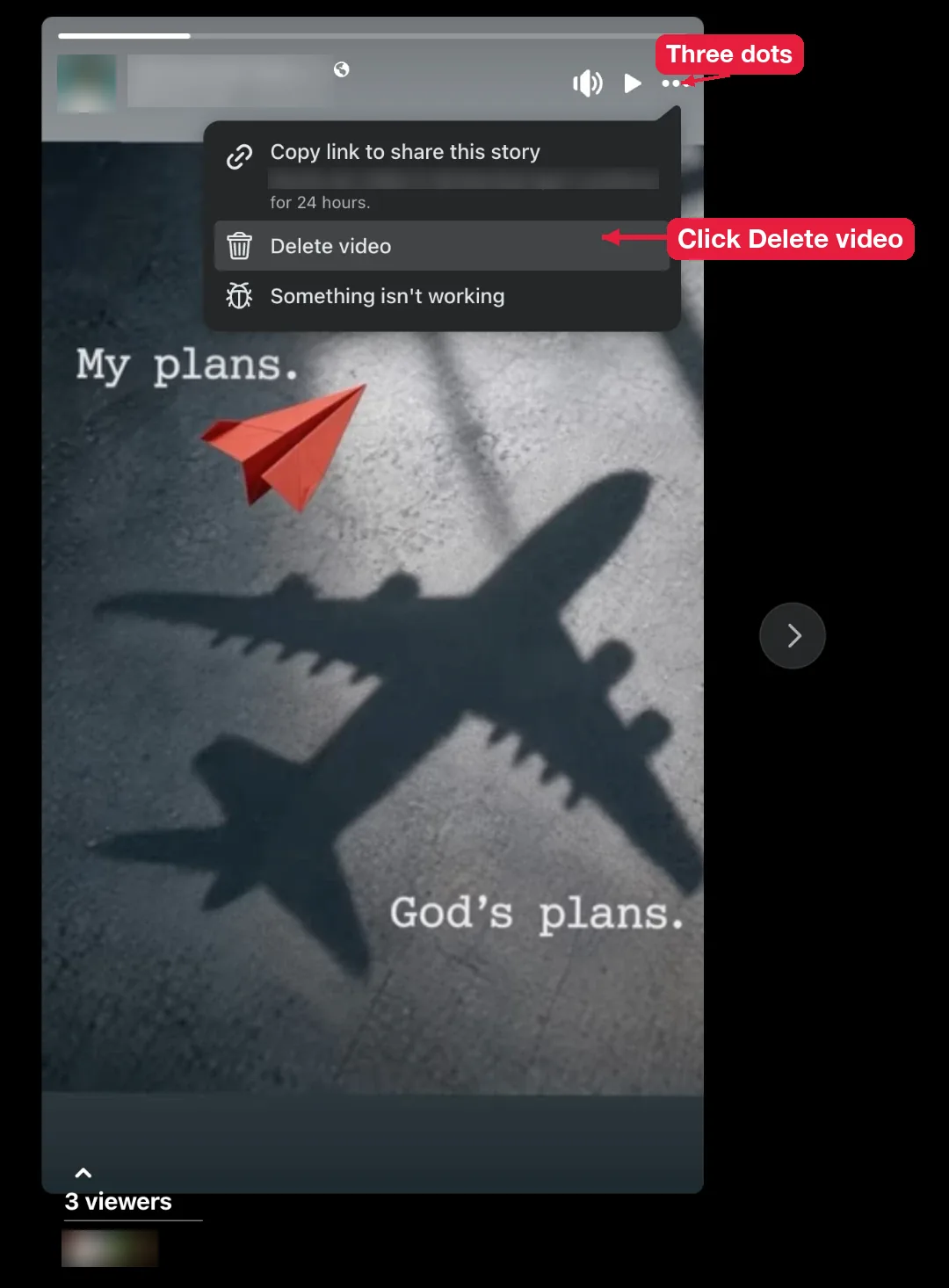 Delete video option in the three-dot menu of a Facebook story on facebook.com