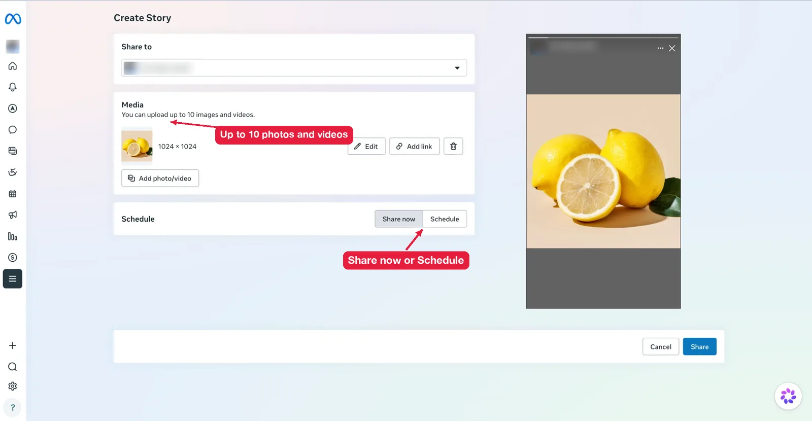 Create Story screen in Meta Business Suite with Share to, Media, Add link and Share now or Schedule options