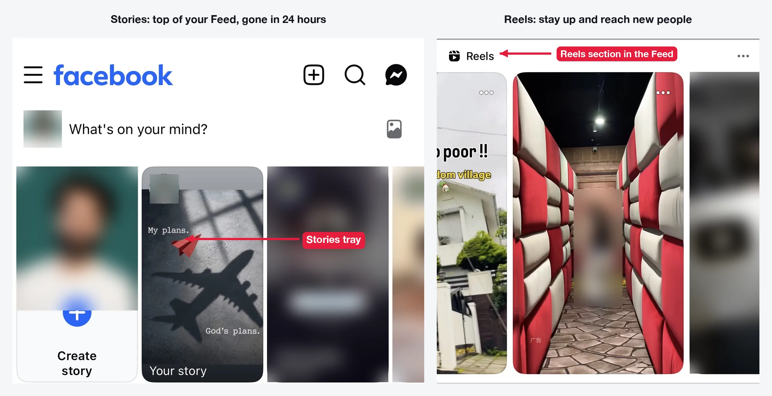 Facebook stories tray at the top of the Feed next to the Reels section