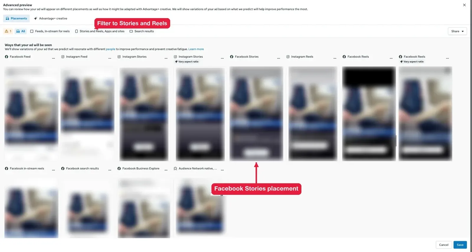 Advanced preview in Meta Ads Manager showing one ad in Facebook Stories, Feed, Reels and other placements
