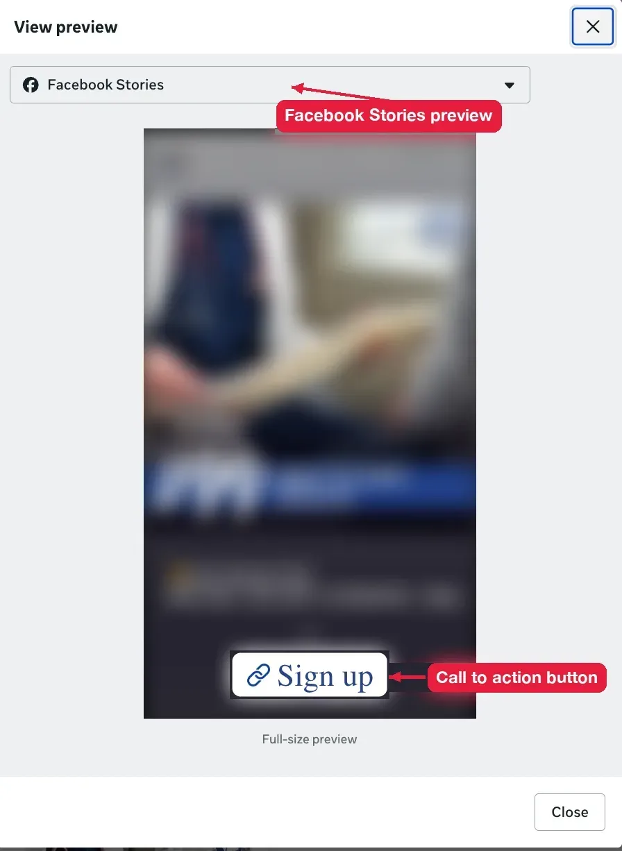 Full-size Facebook Stories preview of an ad with a Sign up call to action button