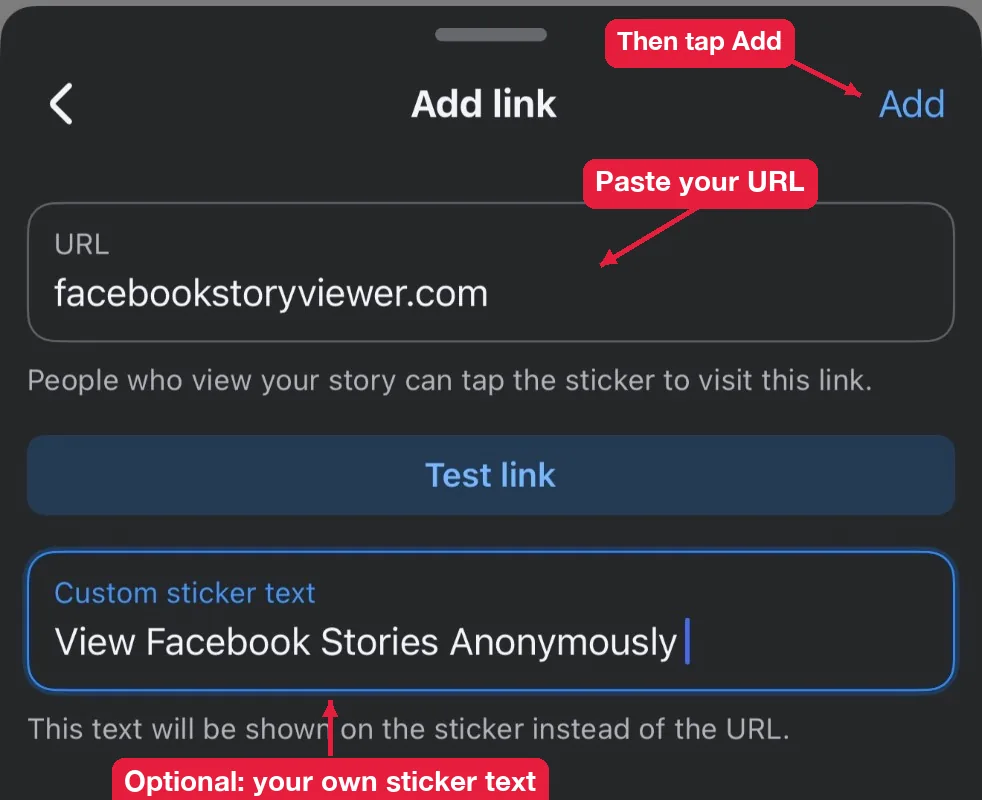 Add link screen for a Facebook story sticker with the URL, Test link and Custom sticker text fields