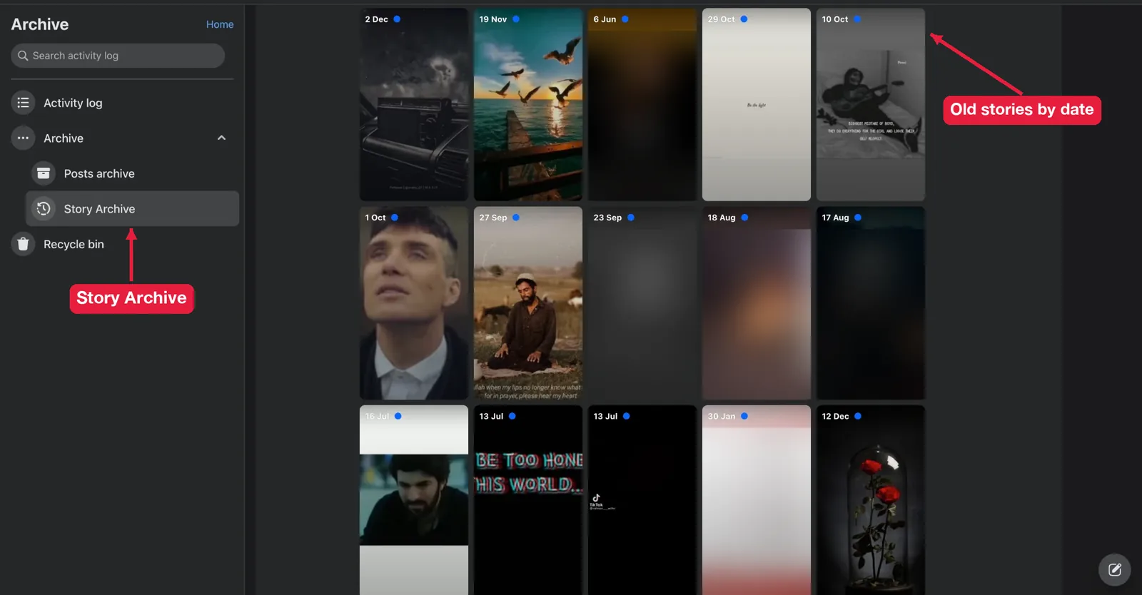 Facebook Story Archive on desktop showing old stories sorted by date