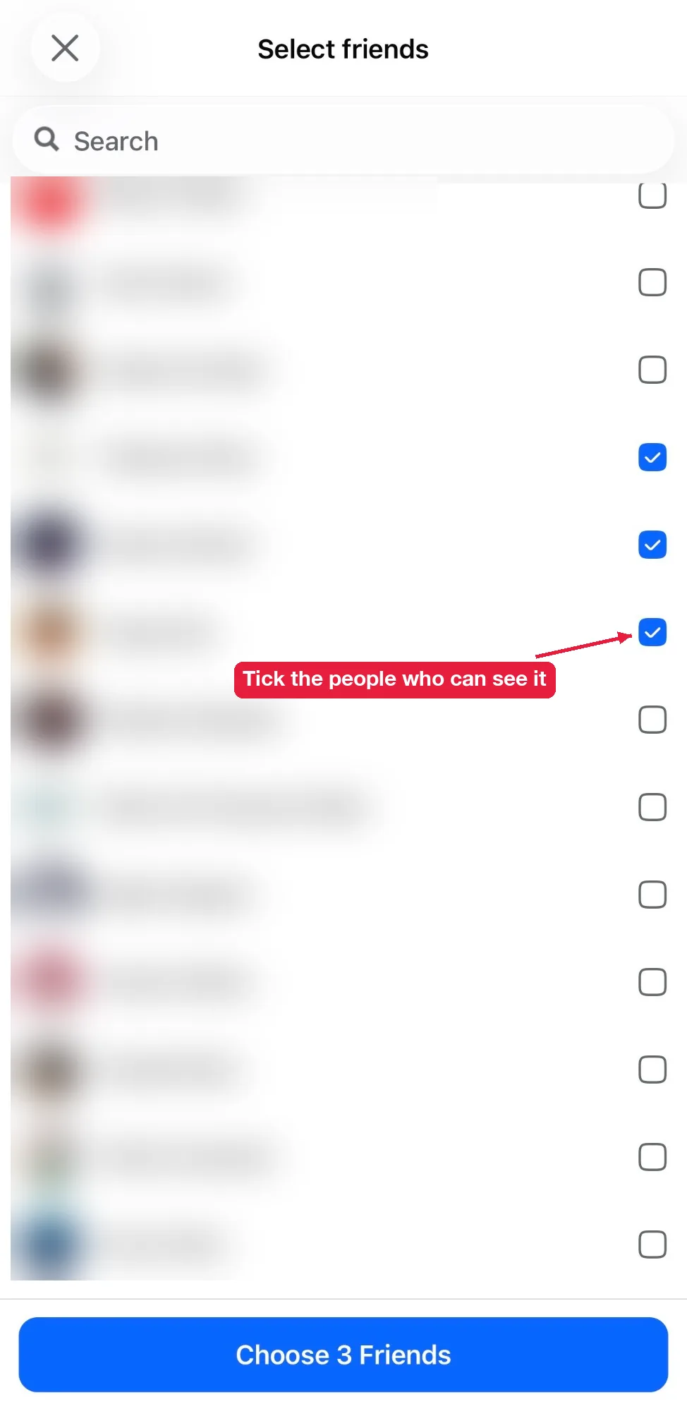 Select friends list for a Custom Facebook story audience with 3 friends ticked