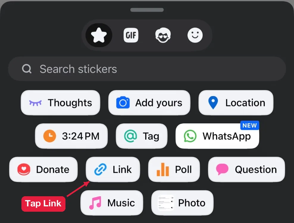 Link sticker in the Facebook story sticker tray next to Poll, Question and Music