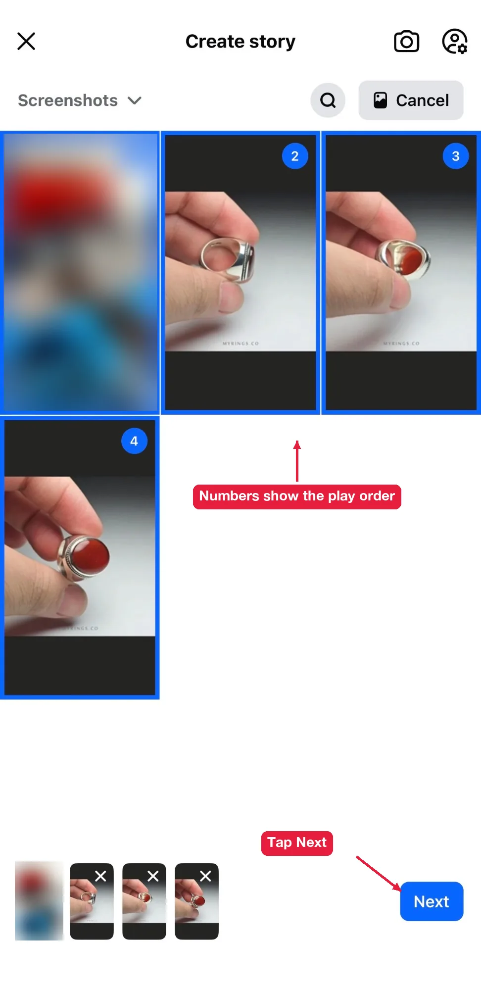 Four photos selected for one Facebook story, numbered in the order they will play