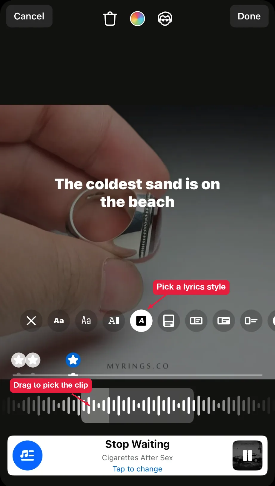Facebook story music editor with lyrics styles, the song clip slider and Tap to change