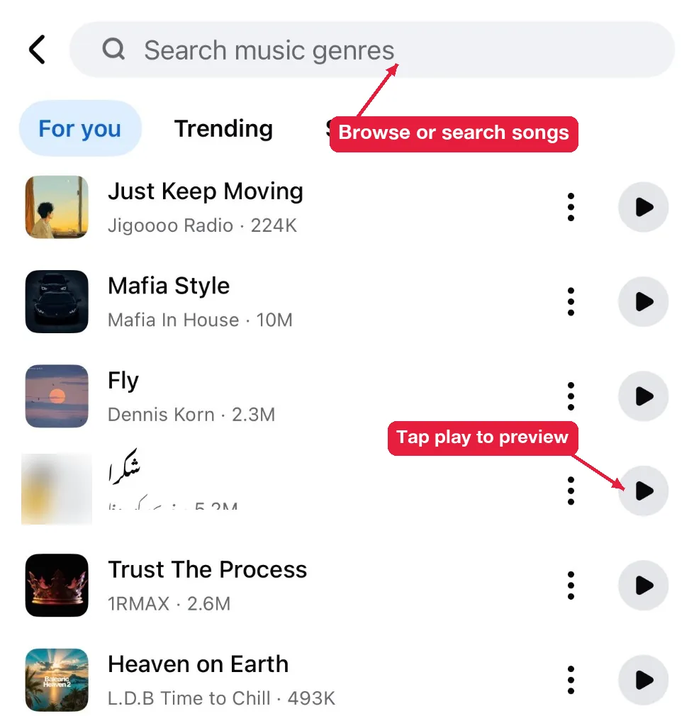 Facebook story music library with For you, Trending and Saved tabs and play buttons to preview songs