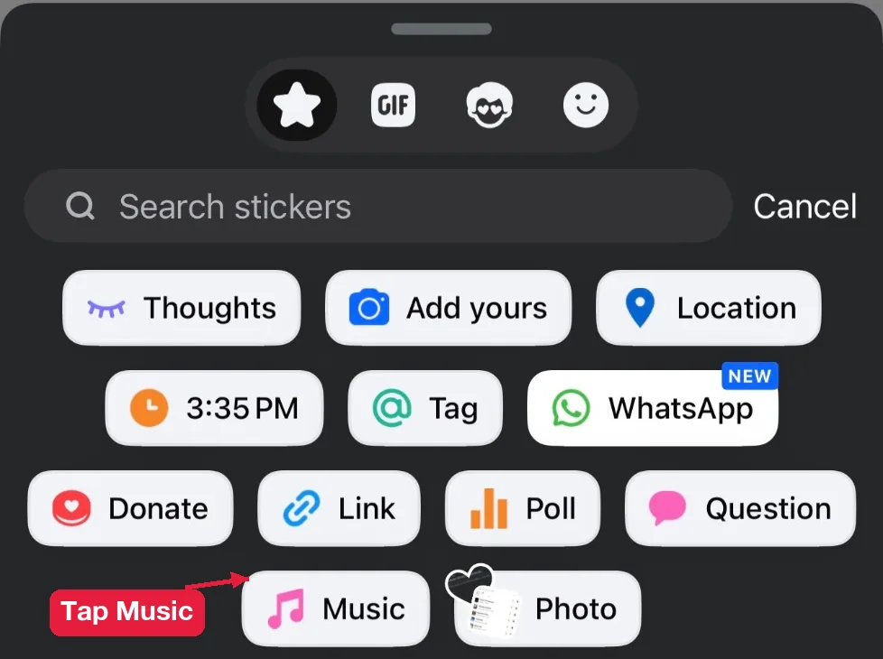 Music sticker in the Facebook story sticker tray