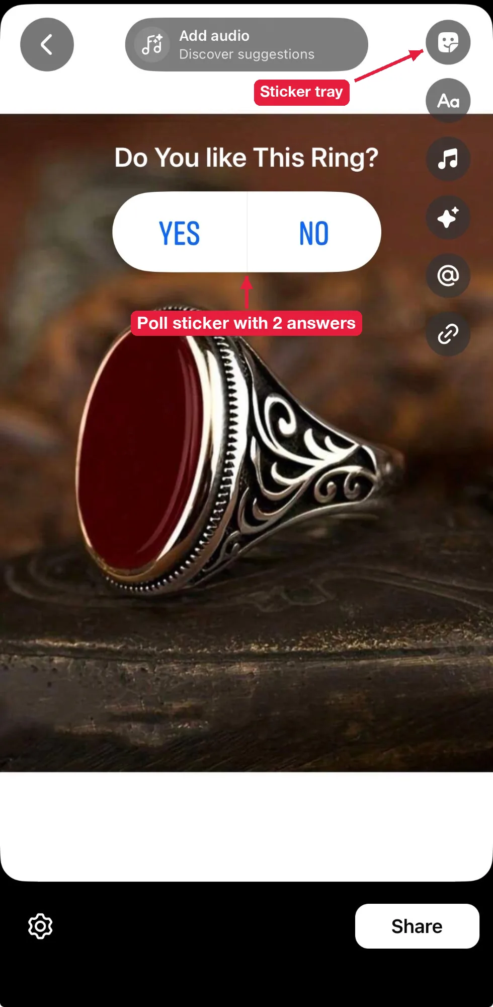 Poll sticker asking “Do you like this ring?” with Yes and No answers on a Facebook story for a jewelry business