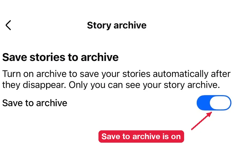 Save to archive toggle turned on in the Facebook story archive settings