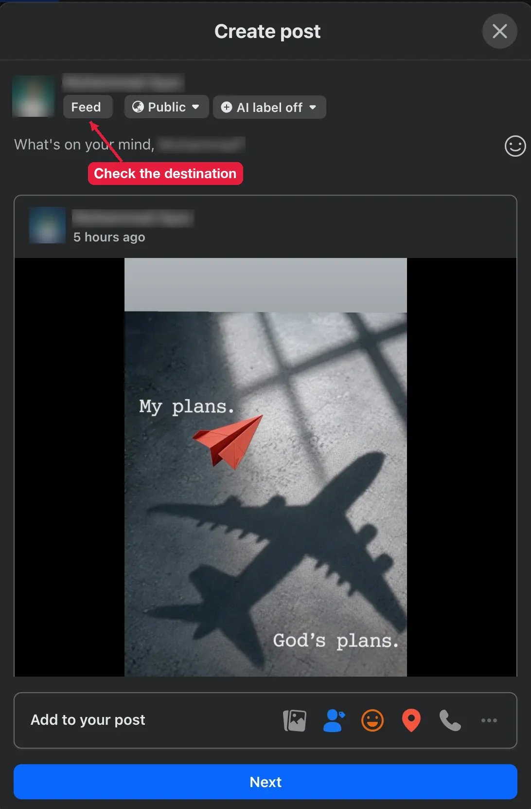 Facebook desktop share box with the Feed destination button next to the audience setting