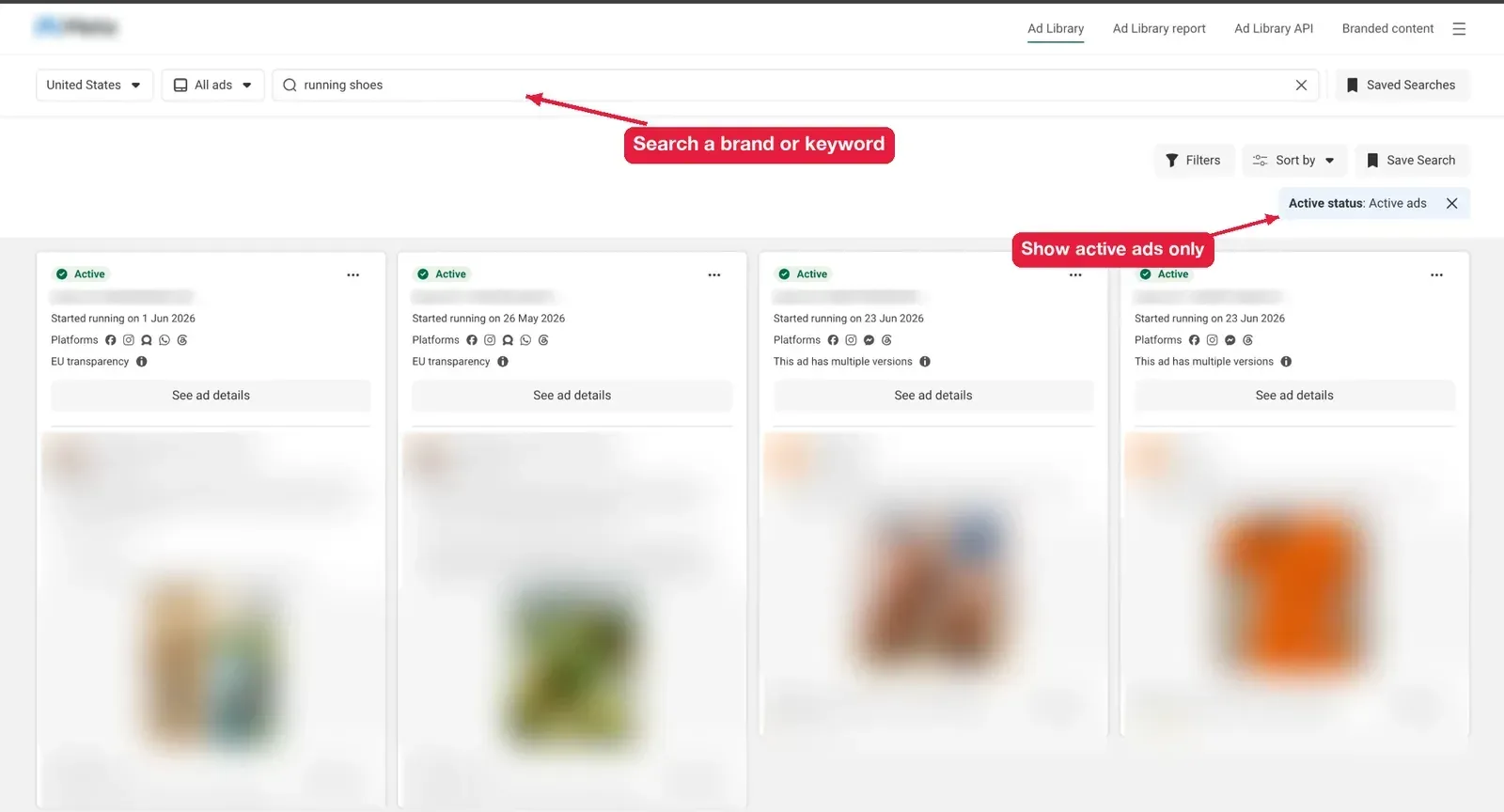 Searching active ads by keyword in the Meta Ad Library with country and ad type filters