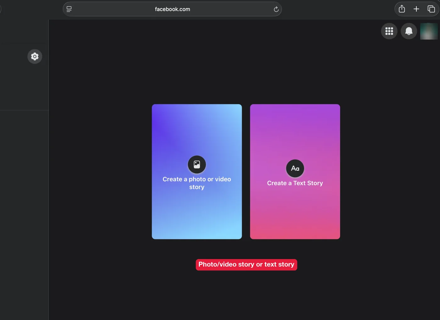 Create a photo or video story and Create a Text Story options on facebook.com