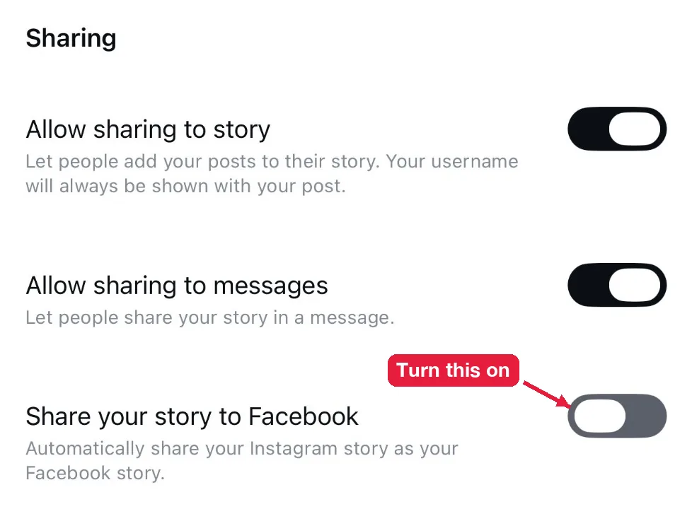 Share your story to Facebook toggle in Instagram story settings