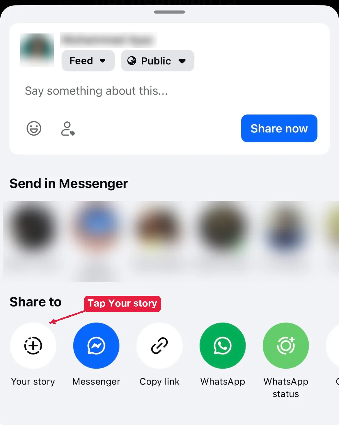 Share menu under a Facebook post with the Your story option, names blurred